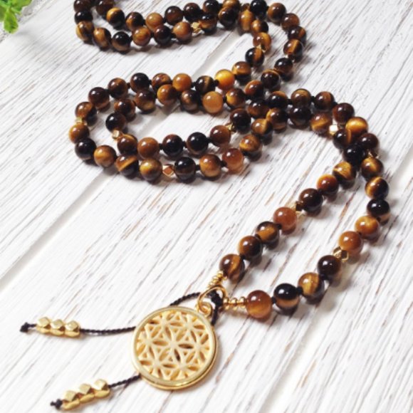 NEW! Tigers Eye Mala Beads 6mm Gold Flower Of Life Pendant Necklace High Quality - Picture 1 of 3